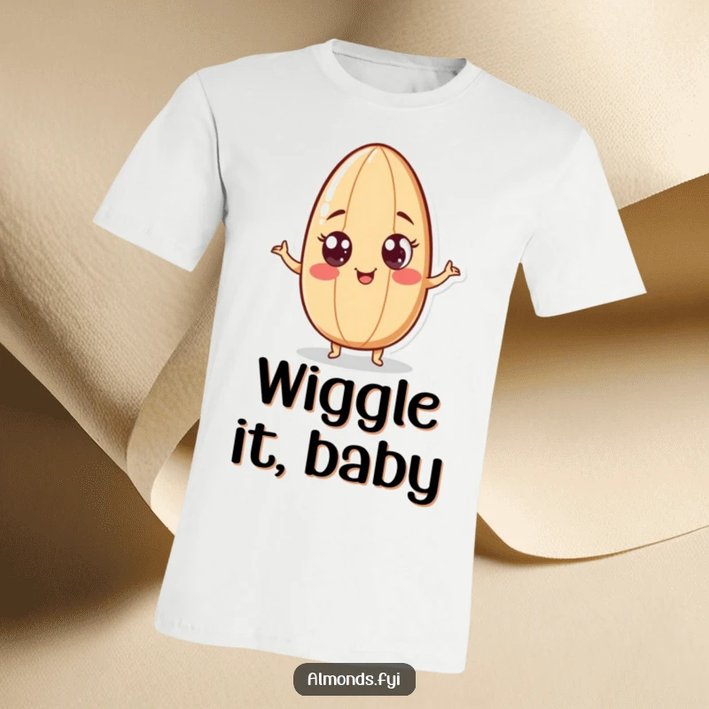 Funny t-shirt depicting a playful almond character with exaggerated googly eyes, doing a humorous wiggle, embodying pure, lighthearted fun.