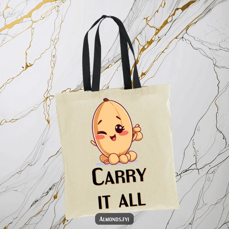 Funny tote bag with a mischievous almond character winking while balancing an amusing stack of tiny nuts.