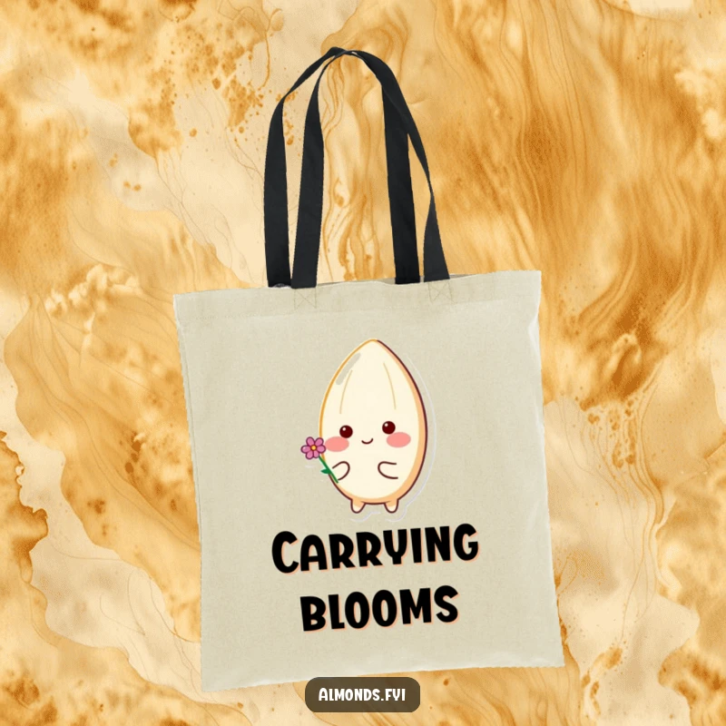Funny tote bag with a happy almond character with rosy cheeks holding a tiny flower, radiating gentle joy and sweetness.