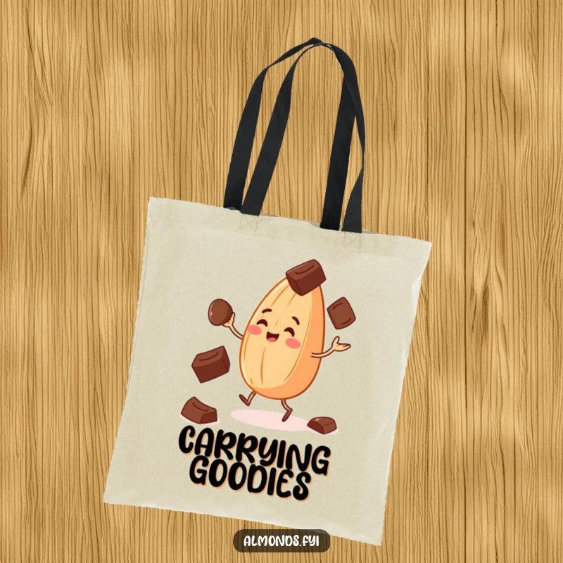 Funny tote bag with a cheerful almond juggling chocolate chips, great for carrying snacks and essentials.