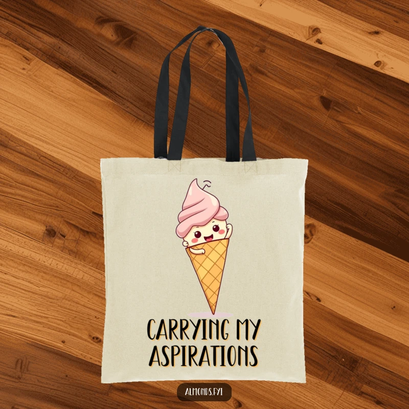 Funny tote bag: ambitious almond character scaling a majestic ice cream cone, ready for any sweet adventure.