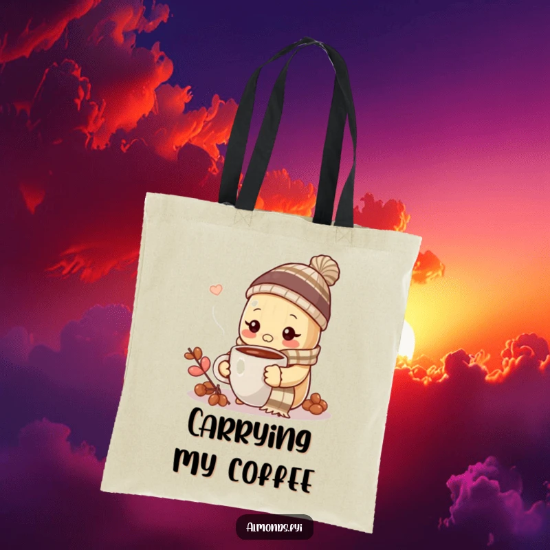 Funny almond in winter hat and scarf, drinking hot coffee, on a reusable tote bag.