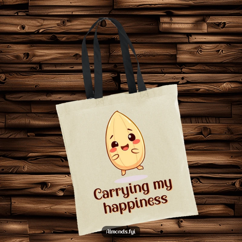 Funny tote bag: A happy almond character doing a gleeful spin, giggling and spreading joy.