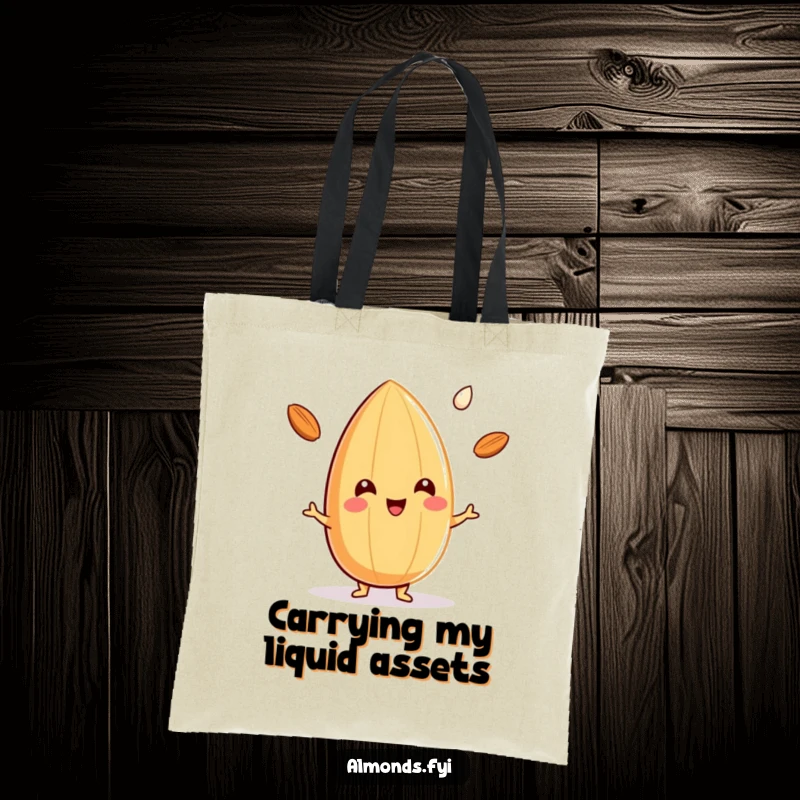 Funny tote bag depicting a happy almond character expertly juggling three small drops of almond milk, perfect for everyday use.