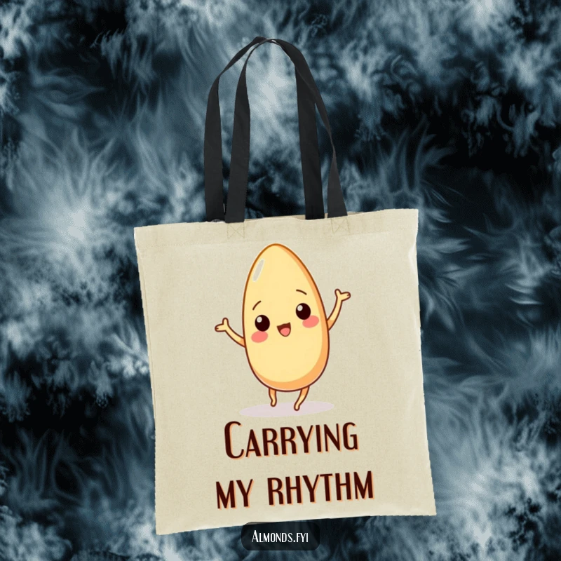 Funny tote bag showcasing a wiggling almond character in a lively dance, perfect for carrying essentials with a dose of humor.