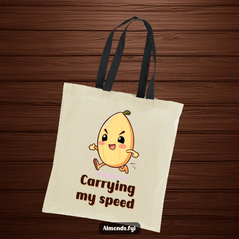 Funny Almond Sprinter Tote Bag: An excited almond character with a determined face, sprinting forward purposefully. Great funny gift.