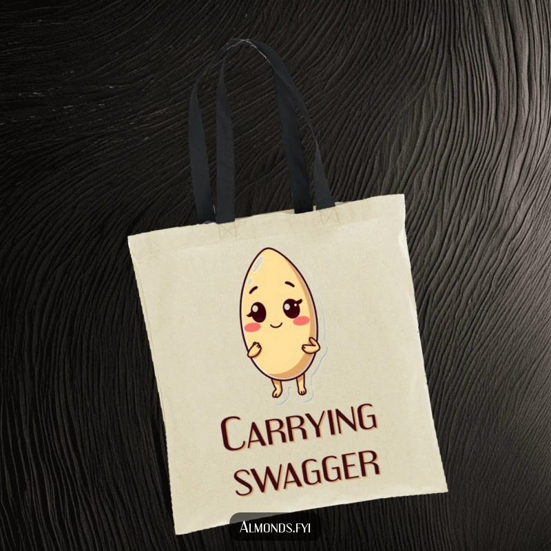 Funny tote bag: sly almond character giving a confident wink, perfect for carrying essentials with a dash of cool attitude.