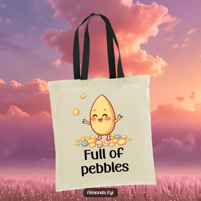 Funny tote bag featuring a giggling almond character juggling small pebbles, perfect for shopping and daily adventures.