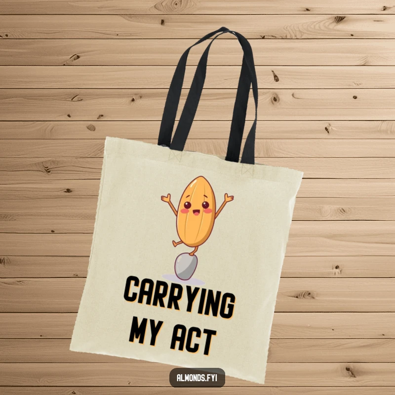 Funny tote bag featuring a cheerful almond character attempting to balance on a single point, a humorous accessory.