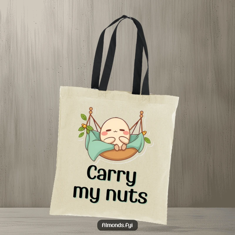 Funny Tote Bag: A content almond character lounging in a hammock, promoting a relaxed and happy vibe.