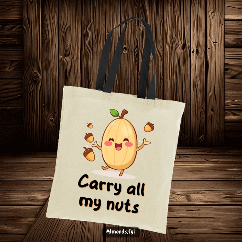 Funny Almond Juggler Tote Bag: A cheerful almond character gleefully juggling acorns, a practical and humorous bag. Great funny gift idea.