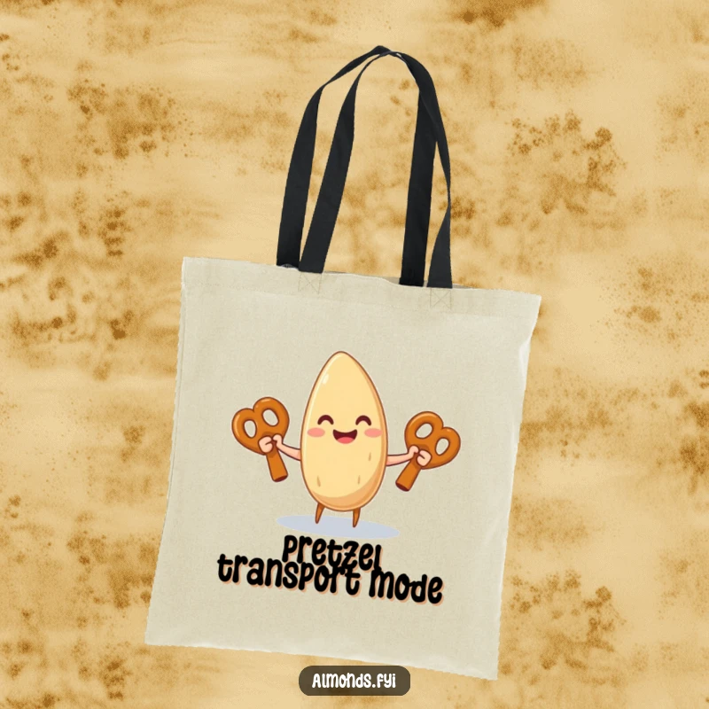 Funny tote bag showing a cheerful almond character juggling three large pretzel sticks effortlessly, looking quite pleased.