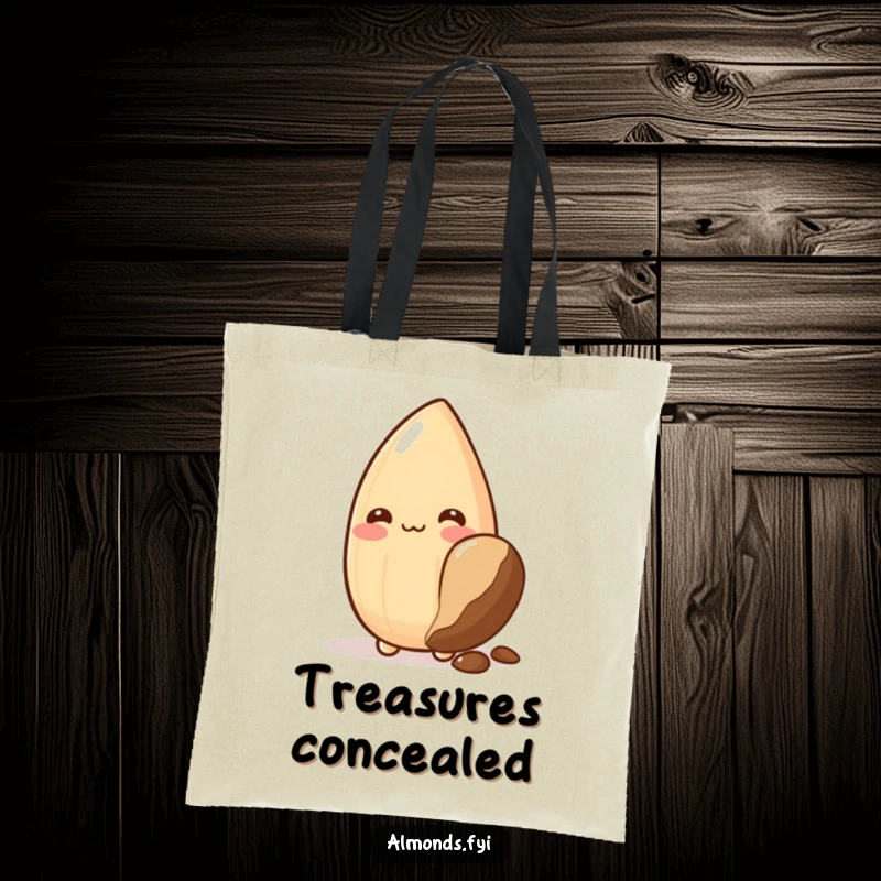 Funny tote bag: shy almond character blushing behind a big chocolate chip, a sweet companion for everyday use.