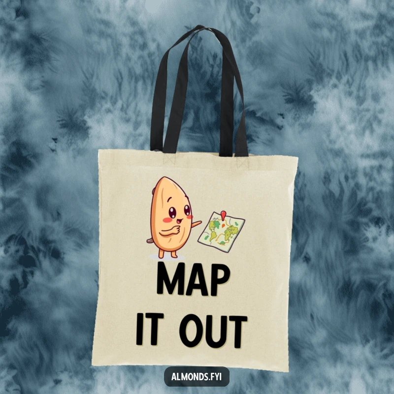 Funny tote bag with a curious almond character pointing with excitement at a detailed, tiny adventure map.