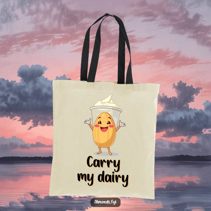 Funny grinning almond character enthusiastically hugging a giant yogurt cup on a practical and funny tote bag.