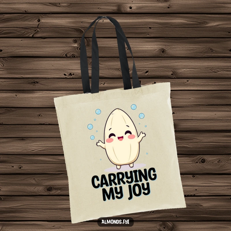 Funny tote bag with a playful, round almond character gleefully juggling tiny dew drops, embodying lighthearted fun.