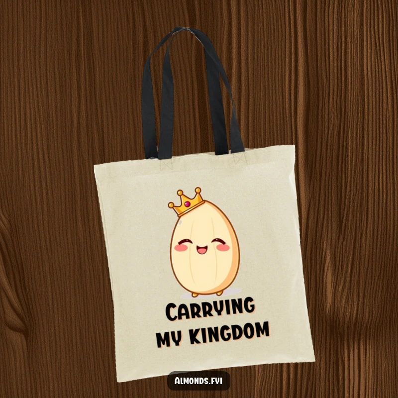 Funny tote bag showcasing a giggling almond character wearing a small crown, looking regal and full of glee.
