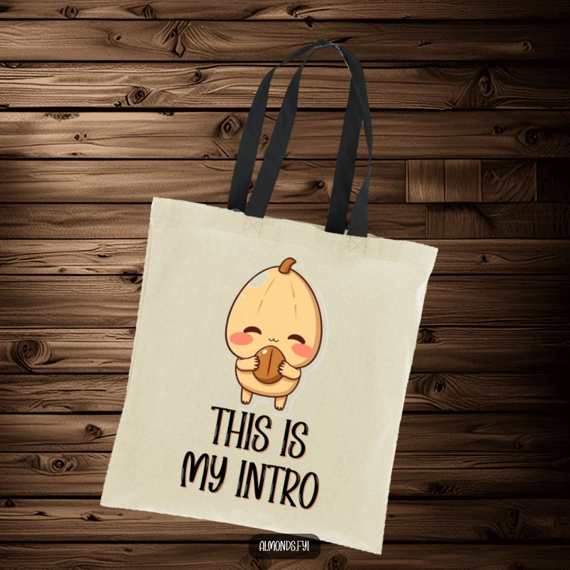 Funny Tote Bag illustrating a shy almond character blushing and holding out a small nut, symbolizing gentle offerings.