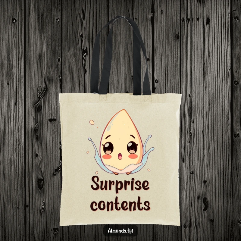 Funny almond character with exaggerated, surprised eyes floating in a playful splash, designed on a durable tote bag.
