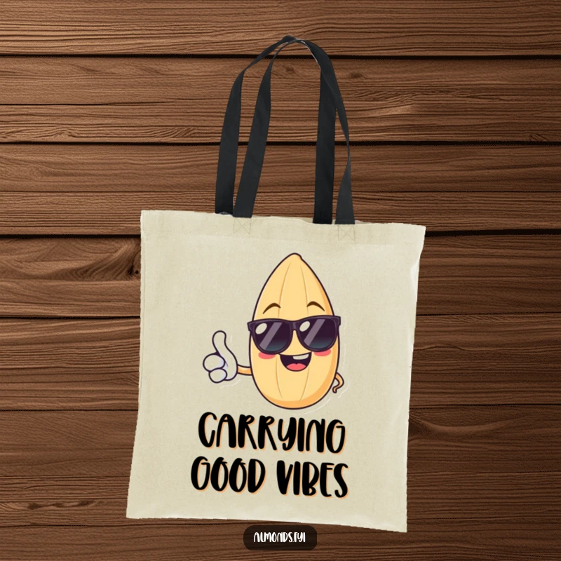 Funny tote bag featuring a cheerful almond in sunglasses, giving a friendly thumbs up, ideal for shopping and daily use.