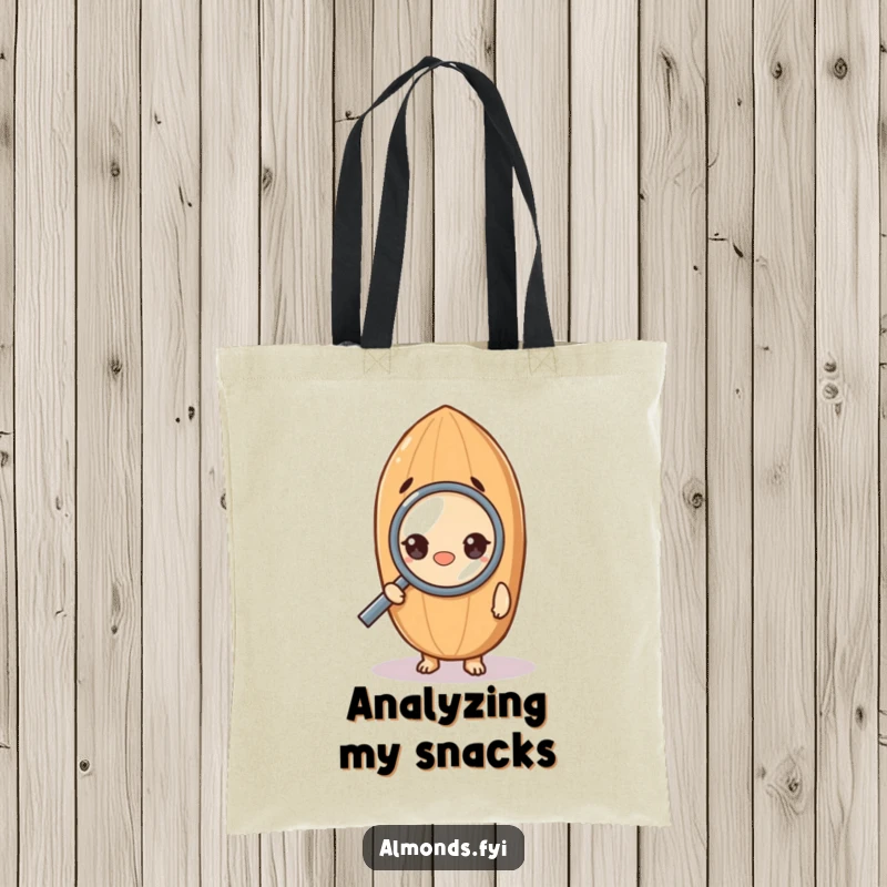 Funny tote bag with a curious almond character examining something closely through a magnifying glass, perfect for a humorous exploration theme.