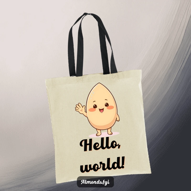 Funny tote bag with a chubby, blushing almond character offering a friendly wave, a charming and cheerful accessory.