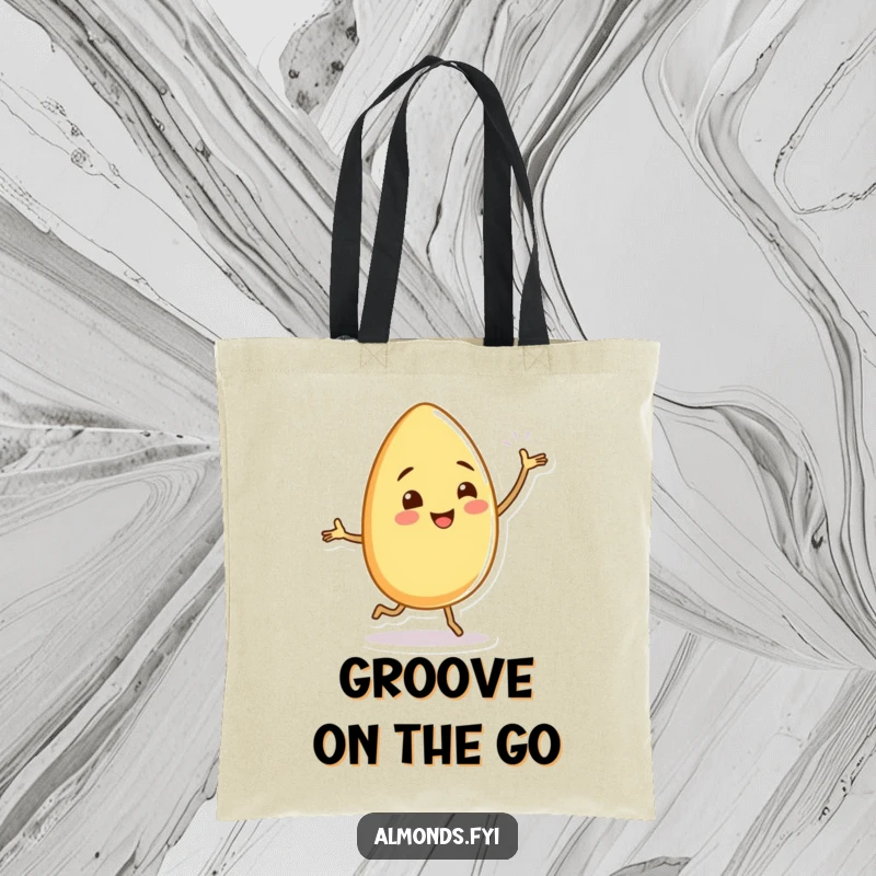 Funny almond character dancing with tiny, wiggling legs, designed on a durable tote bag for a whimsical accessory.