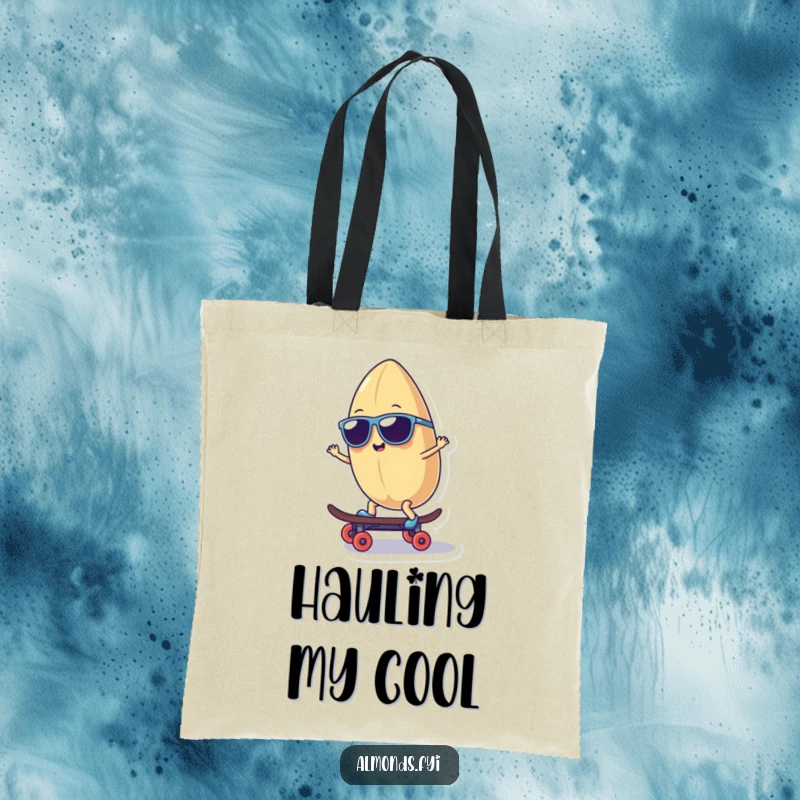 Funny tote bag with a smiling almond character in sunglasses riding a tiny skateboard, a humorous and practical accessory.
