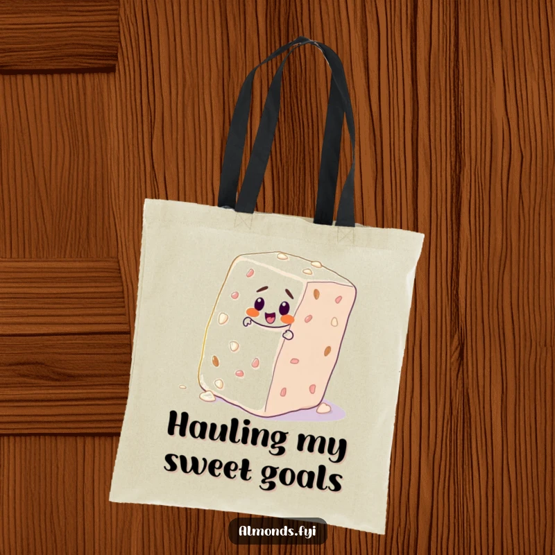 Funny tote bag illustrating a determined almond character climbing a giant sugar cube, symbolizing the journey towards a sweet goal.