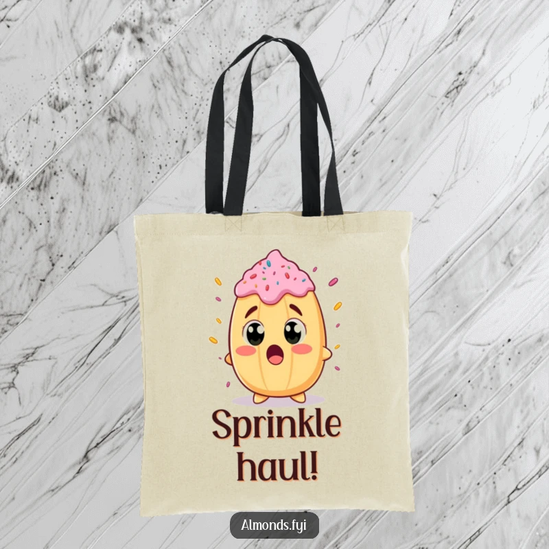 Funny tote bag featuring a happy almond character with wide, surprised eyes, looking up at a colossal sprinkle.